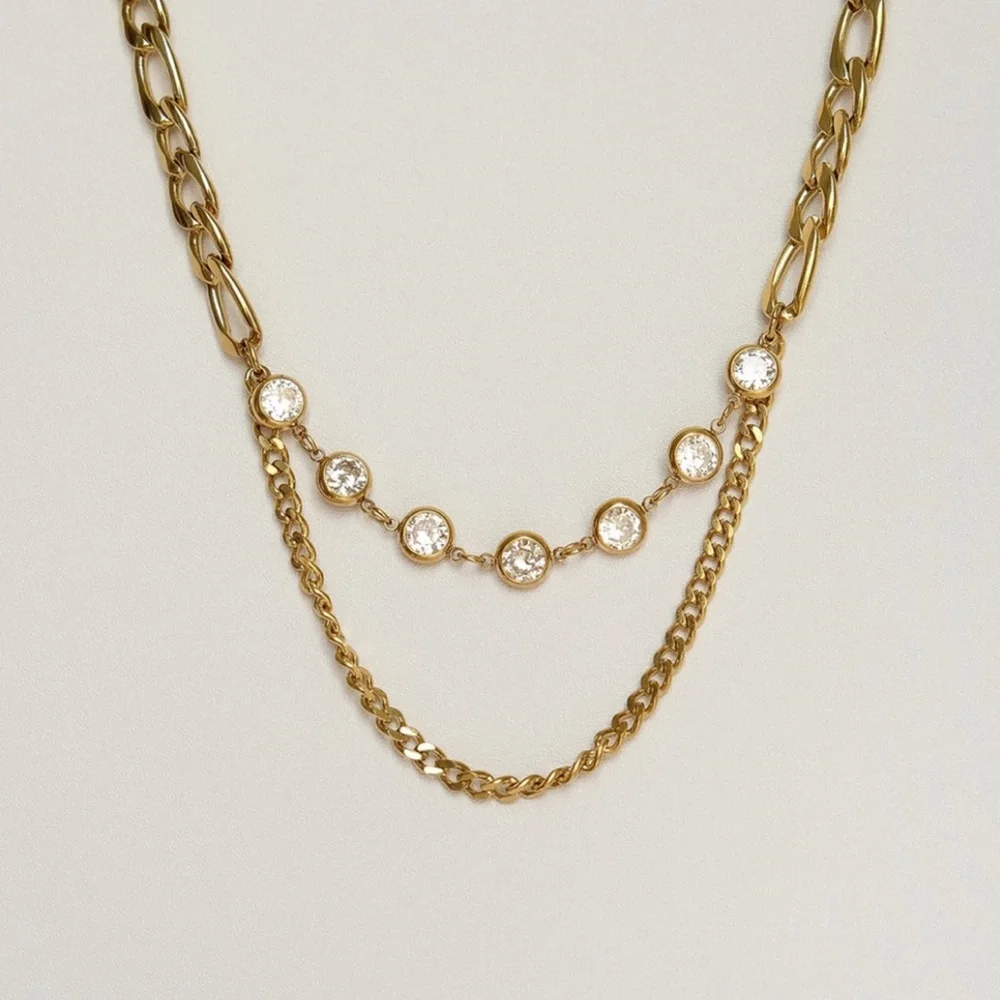 Zirconia Layer Link Chain Necklace | 18K Gold Plated Stainless Steel - Picture 4 of 4